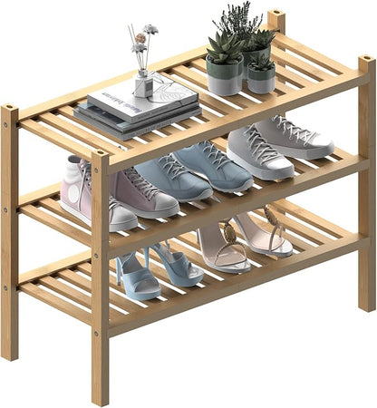 ROMGUAR CRAFT (Thick Bamboo Shoe Rack for Entryway, 3-Tier Free Standing Shoe Racks Stackable Shoe Rack Organizer for Hallway Closet Living Room 27 x12 x21 Inches by ROMGUAR+CRAFT