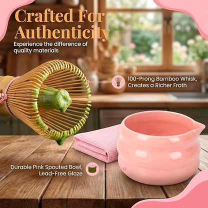 BARISTA EMPEROR® MATCHA WHISK SET PREMIUM 11pcs - Professional Matcha Kit Set with Matcha Bowl, Matcha Whisk, Milk Frother, Spoon, Sifter, Scoop, Stand, Cup, Mat - Aesthetic Pink Matcha Set Kit