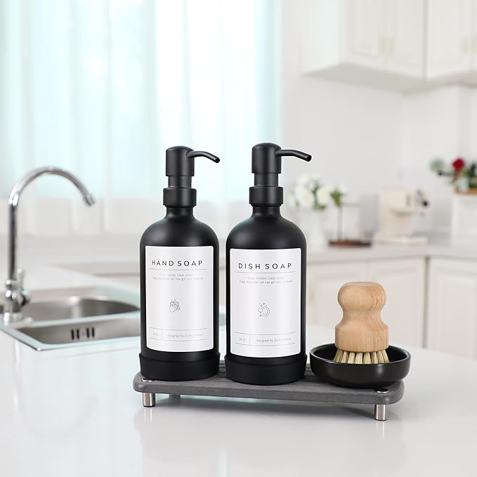 [Luxury] Kitchen Soap Dispenser Set - 16OZ Black Glass Bottle, Stainless Steel Pump, Instant Dry Tray, Waterproof Labels, Non-Slip Silicone Pad, and Dish Brush | Upgrade for Your Kitchen and Bathroom - Image 5