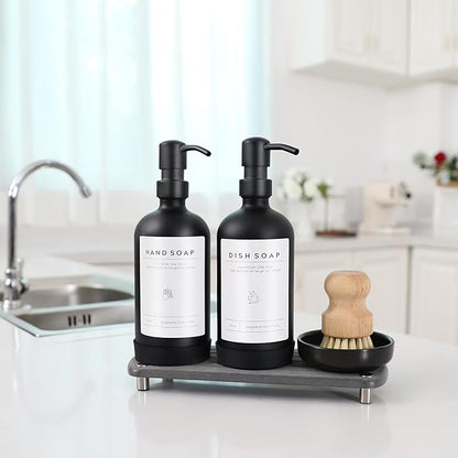 [Luxury] Kitchen Soap Dispenser Set - 16OZ Black Glass Bottle, Stainless Steel Pump, Instant Dry Tray, Waterproof Labels, Non-Slip Silicone Pad, and Dish Brush | Upgrade for Your Kitchen and Bathroom - Image 5