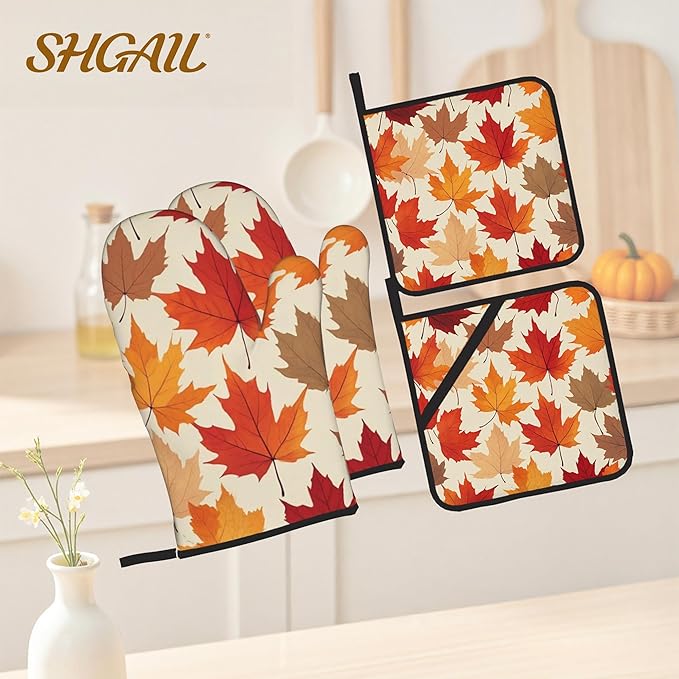 Oven Mitts and Hot Pads Set - Autumn Maple Design, Heat Resistant Cute Pot Holders for Kitchen, Baking Gifts for Women