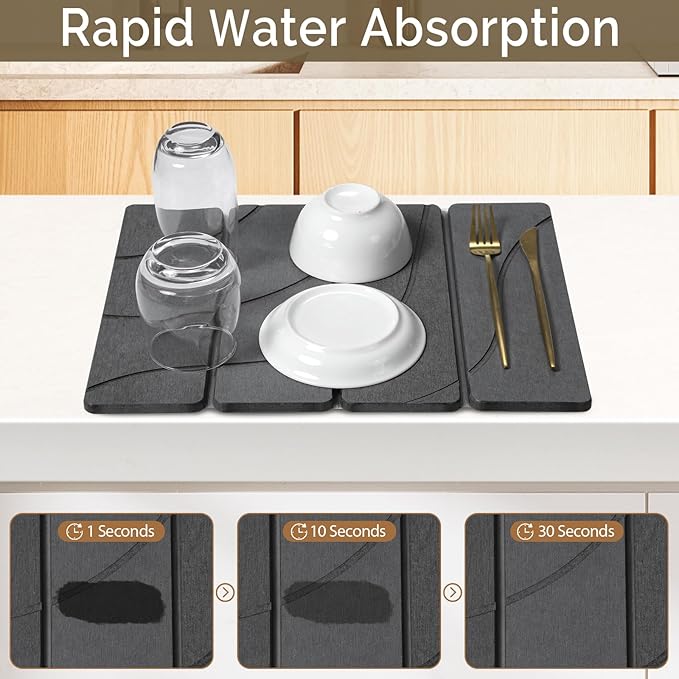 Small Stone Dish Drying Mat for Kitchen Counter, 2 PCS 16"×12" & 8"x4" Quick Dry Stone Mats, Foldable Water Absorbing Diatomite Drying Dish Pad for Countertop Bottles Utensils Cups(Carved Gray) - Image 3