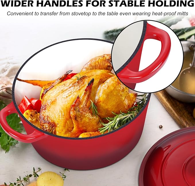 TeamFar 5Qt Dutch Oven, Enameled Cast Iron Dutch Oven with Lid & Dual Handles for Cooking Baking Braising Simmering, Healthy & Sturdy, Oven & Various Stovetops Safe, Non-stick & Easy Clean - Red - Image 4