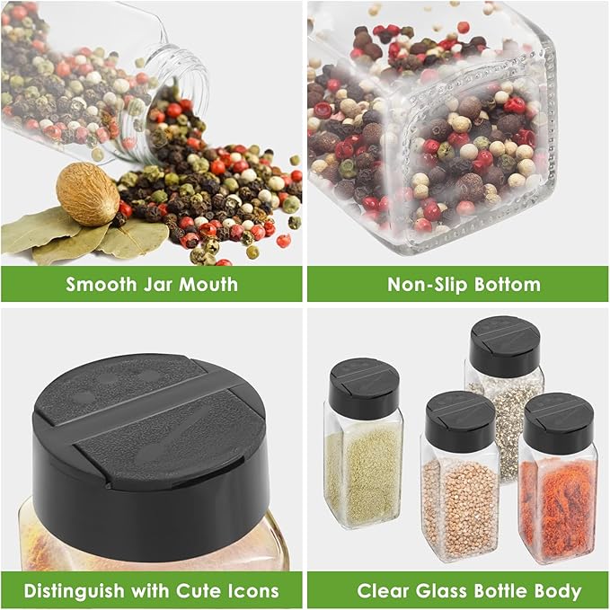 Saiveina 12 Pack Glass Spice Jars with Labels, 4oz Spices Containers Spice Jars with Black Shaker Lids, Empty Containers for Spice, Silicone Funnel and Pen Included - Image 3