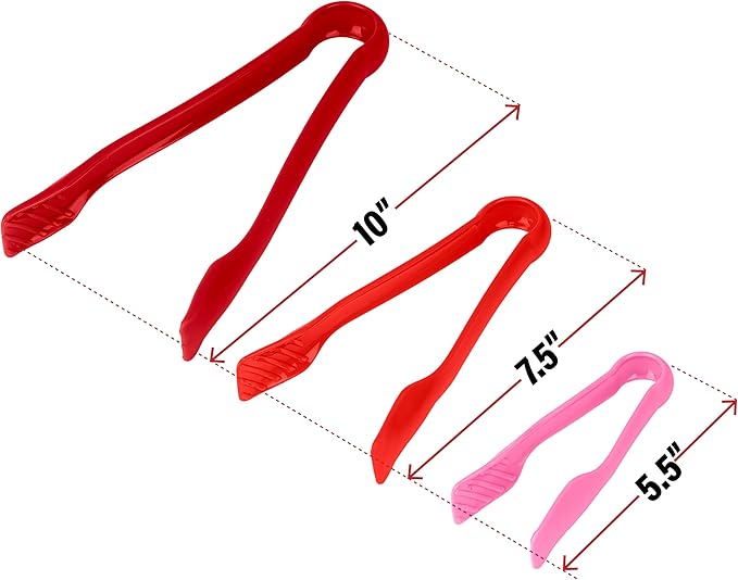 DecorRack 3 Pcs 6” x 8” x 10” Multi Colored Plastic Tong Set, 3 Pack Durable BPA-Free Quality Heavy Duty Perfect for BBQ, Grilling, Salad, Buffets and Kitchen (Pink, Red)