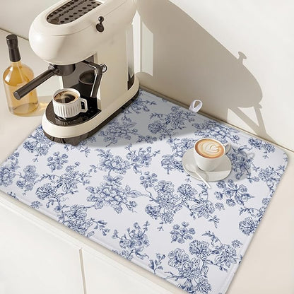 Blue Floral Dish Drying Mat for Kitchen Counter Chinoiserie Flower Microfiber Dish Drainer Mat Vintage Rustic Elegant Absorbent Washable Drying Pad Extra Large 18"x24"