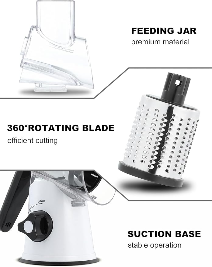 Cheese Grater Rotary, Rotary Grater for Kitchen, Kitchen Grater Vegetable Slicer with 3 Drum Blades, Fast Cutting Cheese Shredder for Vegetables and Nuts - Image 6