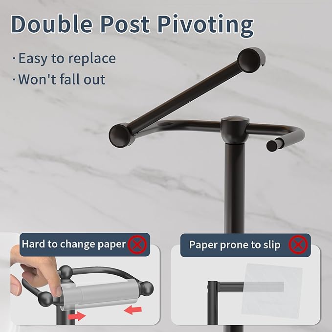 RARXTR Toilet Paper Holder Stand, Post Pivoting Design Free Standing Toilet Paper Holder with Storage for 4 Rolls, SUS304 Stainless Steel Tissue Holder with Reserve, Heavy-Duty Base (Matte Black)