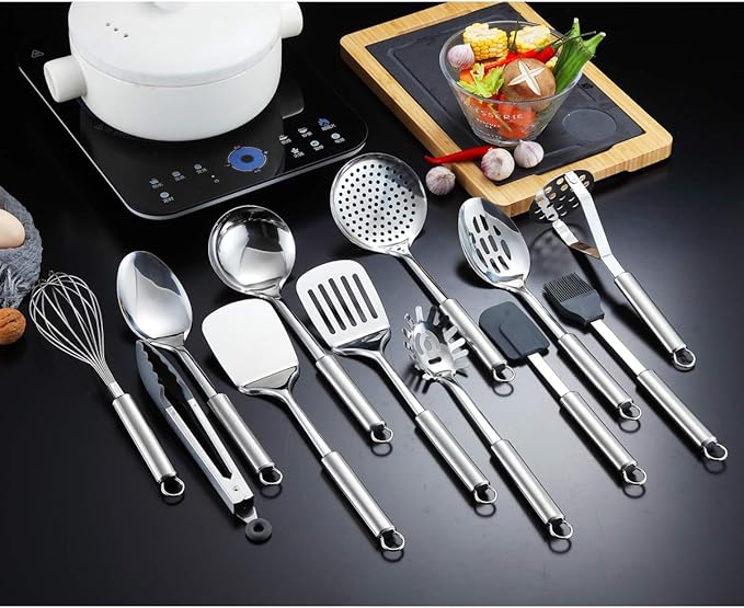 Berglander Cooking Utensil Set 13 Piece Stainless Steel Kitchen Tool Set with Holder, Include Cooking Spoon, Spatula, Whisk, Cooking Tong and etc. (13 Pieces) - Image 3