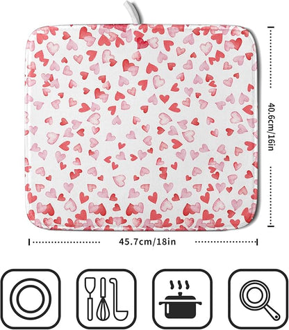 Valentine’s Day Dish Drying Mat for Kitchen Counter 18x16 Inch Watercolor Love Drying Mat with Absorbent Reversible Microfiber Pink Dish Drainer Mats Rack Pad for Coffee Countertop Protector
