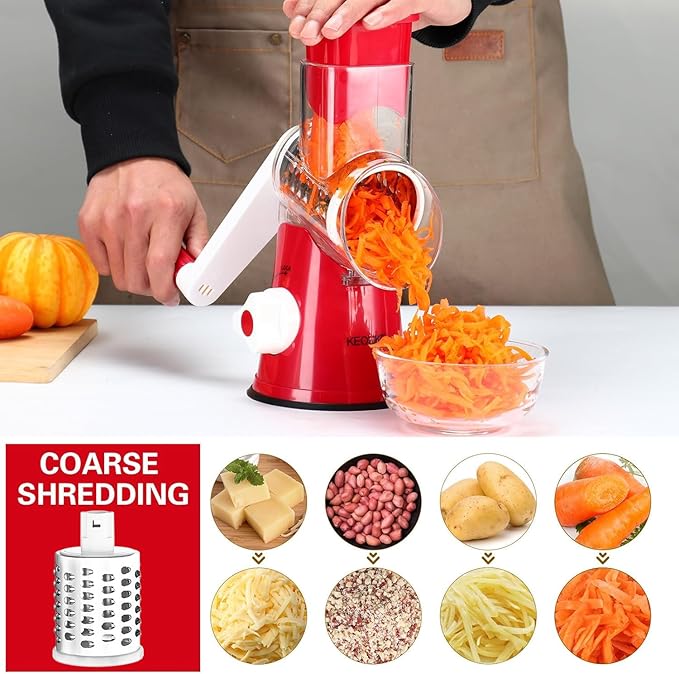 Cambom Rotary Cheese Grater Hand Crank Cheese Shredder for Fresh Cheese, Vegetable, Nuts,Non-slip Suction Base, Free Cleaning Brush Three Blades, Red - Image 2