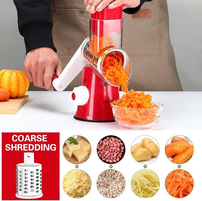 Cambom Rotary Cheese Grater Hand Crank Cheese Shredder for Fresh Cheese, Vegetable, Nuts,Non-slip Suction Base, Free Cleaning Brush Three Blades, Red - Image 2
