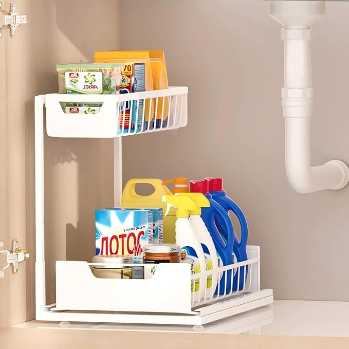 Ceetug Under Kitchen Sink Organizers and Storage Pull Out 2 Tier Metal Bathroom Cabinet Organizer (White, 1 Pack) - Image 5