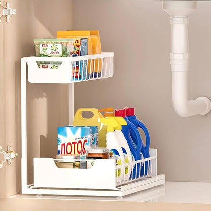 Ceetug Under Kitchen Sink Organizers and Storage Pull Out 2 Tier Metal Bathroom Cabinet Organizer (White, 1 Pack) - Image 5