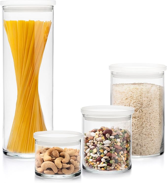 Libbey Stacking Cylinder Assorted Storage Jars, Stackable Glass Jars Set of 4, Airtight Plastic Lids, Dishwasher Safe Food Jars for Storing Dry Goods by Libbey
