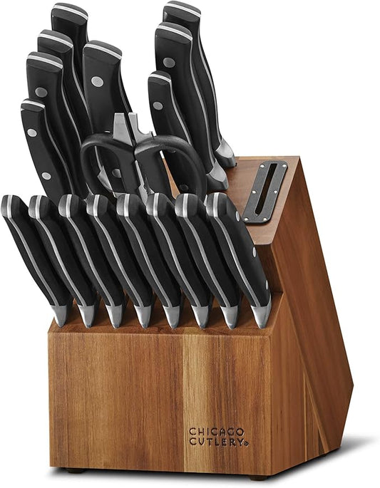 Chicago Cutlery Insignia Triple Rivet Poly (18-PC) Kitchen Knife Block Set With Wooden Block & Built-In Sharpener, Black Ergonomic Handles and Sharp Stainless Steel Professional Chef Knife Set by Chicago+Cutlery