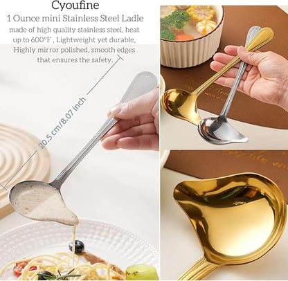 2-Pack Gravy Spoon Small Ladle for Sauce/Gravy / .1 Ounce mini Stainless Steel Ladle with Pouring Spout Gravy Drizzle Spoon. (Gold & silver)