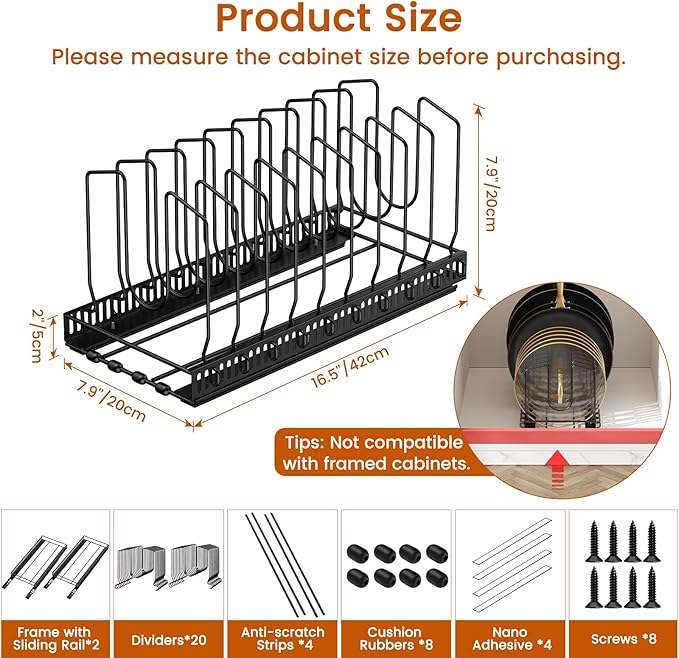 Housolution 2 Pack Pull Out Pot and Pan Organizer for Under Cabinet, Slide Out Pot Lid Organizer with 10 Adjustable Dividers, Sliding Pan Holder Storage Rack Inside Cabinet, Black - Image 7
