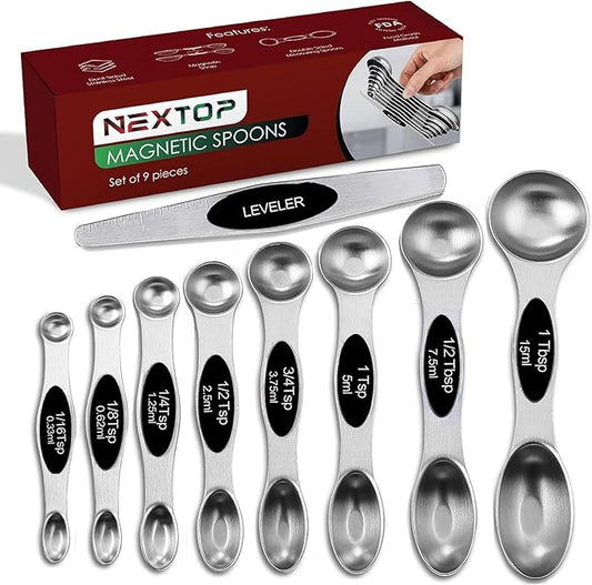 Nextop Stainless Steel Magnetic Measuring Spoons Set – 9 Pieces Dual-Sided Stackable Magnetic Teaspoons and Tablespoons for Dry & Liquid Ingredients – Kitchen Gadgets for Baking & Cooking – Black by Nextop