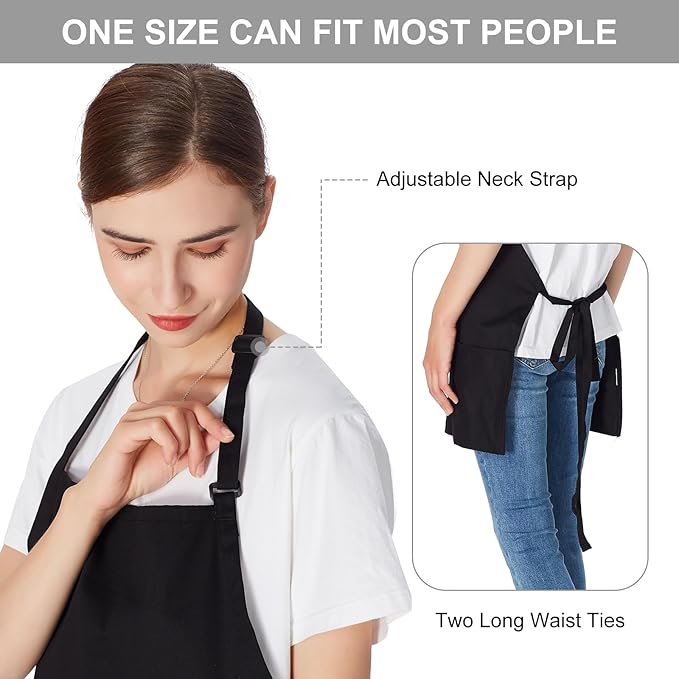 Jubatus 2 Pack 3 Pockets Adjustable Bib Apron 65% Polyester 35% Cotton Fabric Chef Kitchen Cooking Aprons for Women Men, Black - Image 5