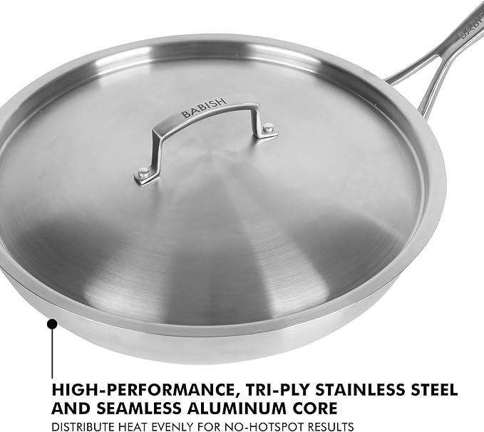 Babish 12-Inch Tri-Ply Stainless Steel Frying Pan with Lid – Professional Grade Skillet for Searing, Sautéing & Even Heat Cooking - Image 2