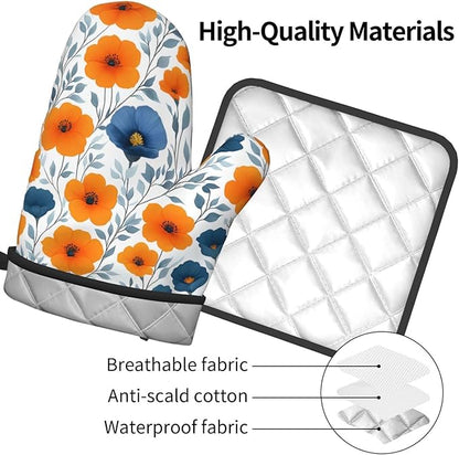Spring Orange Blue Floral Oven Mitts and Pot Holders Sets of 3, Heat Resistant Non-Slip Burnt Orange Navy Flowers Kitchen Gloves Hot Pads for Cooking BBQ Grilling, Chef Baking Gifts for Women Baker - Image 8