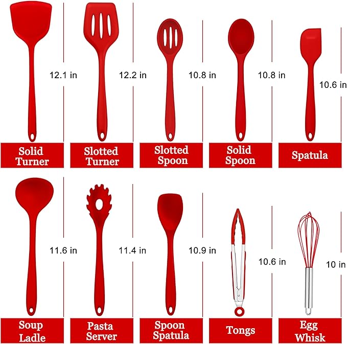 E-far 10 Pieces Silicone Cooking Utensils Set, Heat Resistant Kitchen Utensil Set for Nonstick Cookware, Kitchen Cooking Tools with Spatula, Spoon, Slotted Turner, Non-Toxic & Dishwasher Safe (Red) - Image 2