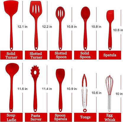 E-far 10 Pieces Silicone Cooking Utensils Set, Heat Resistant Kitchen Utensil Set for Nonstick Cookware, Kitchen Cooking Tools with Spatula, Spoon, Slotted Turner, Non-Toxic & Dishwasher Safe (Red) - Image 2