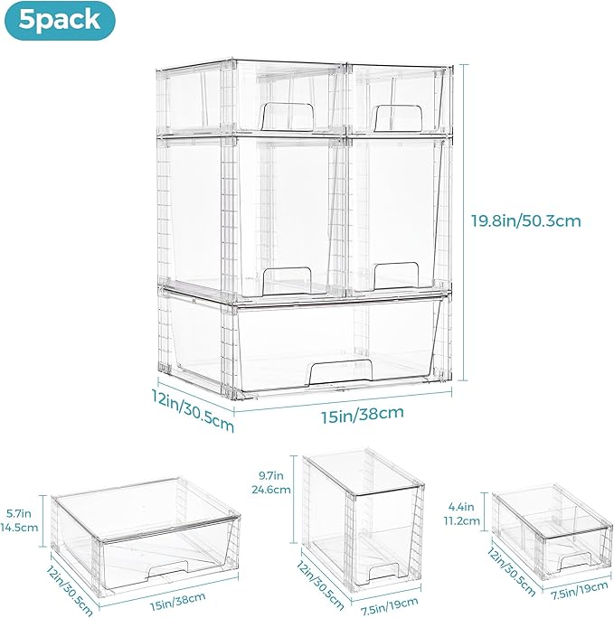 Vtopmart 6 Pack Clear Stackable Storage Drawers,Easy to Assemble Baby Bottle with handles,Plastic Drawers for Kitchen Pantry,Cabinet,Under Sink Organization - Image 2