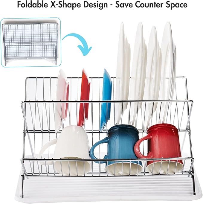 Youeon Foldable Dish Drying Rack with Drip Tray, Stainless Steel 2 Tier Dish Drainer Rack, Collapsible Dish Drainer, Folding Dish Rack for Kitchen Sink, Countertop, Cutlery, Plates, Dishes - Image 6
