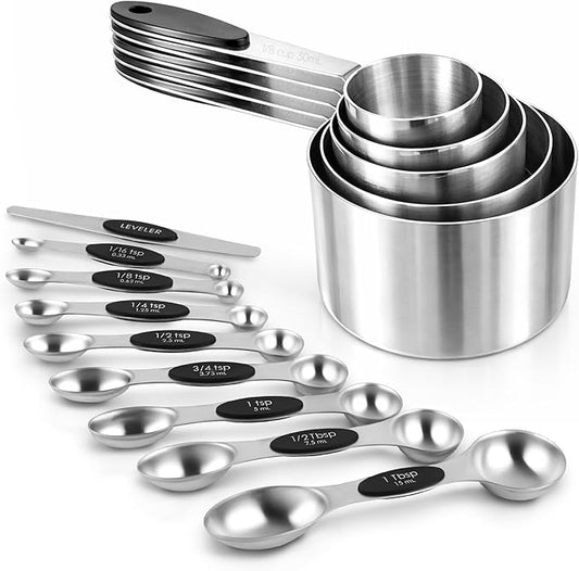 Magnetic Measuring Cups and Spoons Set, Strong N45 Magnets, 304 Stainless Steel, Double-Sided Measuring Spoons, 14-Piece Set with Leveler for Baking & Cooking by Strelitsia