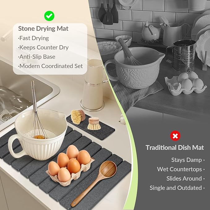 Large Stone Dish Drying Mat for Kitchen Counter, 24"x16"&8"x4", Foldable Fast-Drying Diatomaceous Earth Dish Mat, 2PCS Eco-Friendly Water Absorbent Pads Set for Kitchen Bathroom, Gray