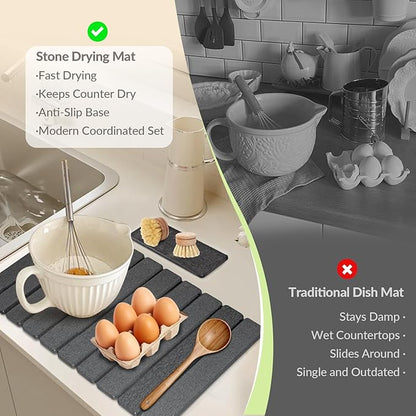 Large Stone Dish Drying Mat for Kitchen Counter, 24"x16"&8"x4", Foldable Fast-Drying Diatomaceous Earth Dish Mat, 2PCS Eco-Friendly Water Absorbent Pads Set for Kitchen Bathroom, Gray
