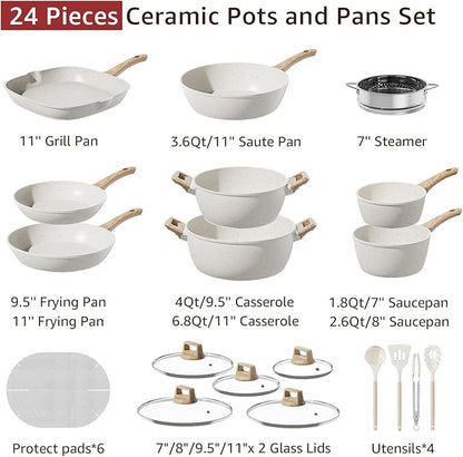 Bazova 24-Piece Pots and Pans Set Non Stick, Titanium-Reinforced Ceramic Cookware Set, Long-Lasting Nonstick,Non Toxic PFAS-Free, Induction Compatible, Complete Kitchen Set for Everyday Cooking