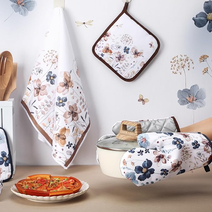 Teenyyou 6 Pcs Spring Brown Poppy Floral Kitchen Towels Oven Mitts and Pot Holder Sets Farmhouse Summer Wildflower Decoration for Home Cleaning Daily Kitchen Cooking Baking Grilling Gifts for Mother - Image 6
