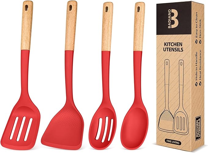 Silicone Cooking Utensils Set, Perfectly Angled for Frying, Mixing,Serving,Draining,Turning and Stirring, BPA-Free Matte Silicone, Wood Handles, Safe for Nonstick Cooking Surfaces,4 Pack (Red) by BADIANO
