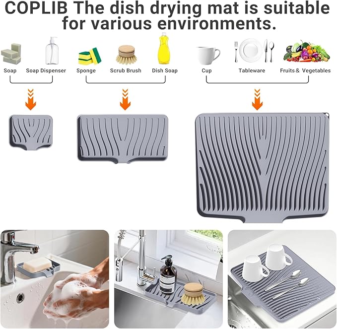 Silicone Dish Drying Mat for Kitchen Counter, Dish Drying Pad, Non-Slip Drain Pad with Built-in Drain, Heat Resistant Stone Drying Mat - Image 3