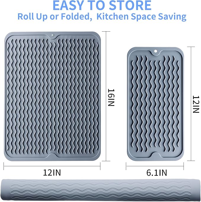 Silicone Dish Drying Mat - 2 Packs of Non-Slip Silicone Mat Easy Clean Drying Mat Large Heat-Resistant Dish Drainer Mat for Kitchen Counter, Sink, Refrigerator or Drawer Liner(16"x12", 12''x 6'' GREY) - Image 3