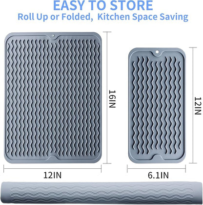 Silicone Dish Drying Mat - 2 Packs of Non-Slip Silicone Mat Easy Clean Drying Mat Large Heat-Resistant Dish Drainer Mat for Kitchen Counter, Sink, Refrigerator or Drawer Liner(16"x12", 12''x 6'' GREY) - Image 3