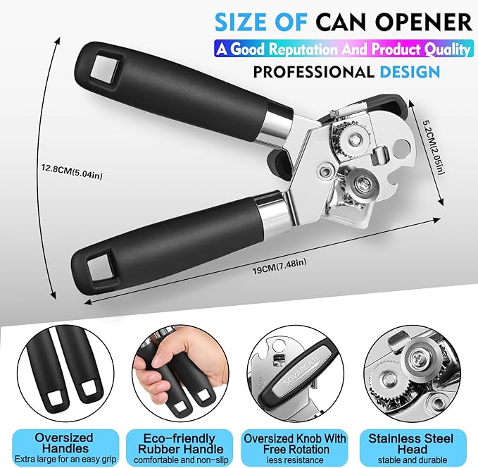 Can Opener Manual Heavy Duty Multifunctional with Magnet Lift [Ergonomic Curved Handle Grip] Stainless Steel, Arthritis-Friendly, Kitchen Tool for Seniors, Kitchen Essentials, Camping, Bottle Opener - Image 2