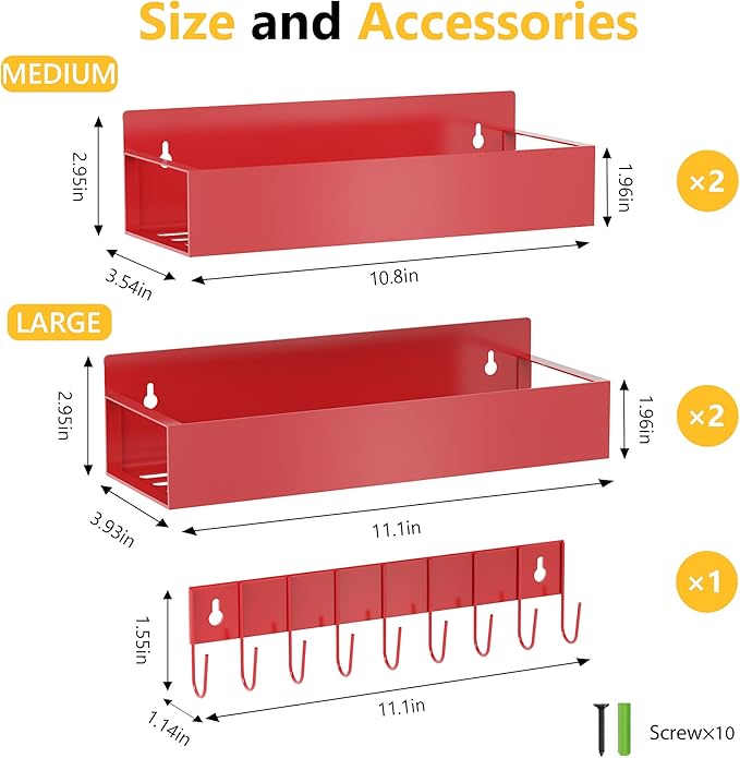 SMRCAD Magnetic Spice Rack Organizer for Fridge Seasoning Organizer for Kitchen storage with Screw Magnetic Shelf with Hook for Refrigerator and Oven (4pack1hook-Red) - Image 2