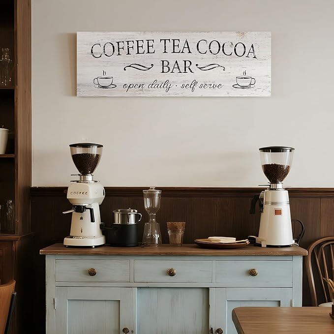 Coffee Tea Cocoa Bar Sign Decor Farmhouse Wall Plaque with Wood Grain Retro Cafe Canvas Prints for Bar Decor Open Daily Self Serve Kitchen Cafe Pub Nook Decoration Accessories 8"x24" - Image 3