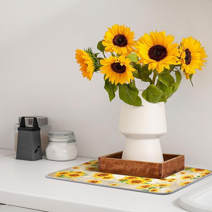 Zonon Dish Drying Mat for Kitchen Counter 16 x 24 Microfiber Absorbent Dish Drainer Rack Pads Fast Dry Mat Vintage Kitchen Decorations(Yellow,16" X 24",Sunflower) - Image 7