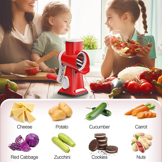 Cheese Grater Cheese Shredder with 3 Interchangeable Blades, Rotary Cheese Grater Manual Vegetable Slicer with Non-slip Suction Base Peanut Nuts Grinder Vegetable Shredder Red - Image 7