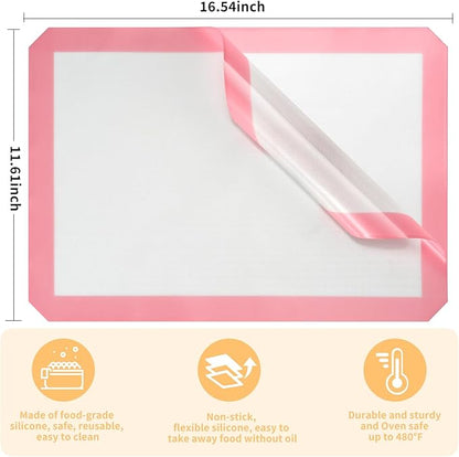 Luckyiren 2-Pack Silicone Baking Mats – Non-Stick Reusable BPA-Free Oven Liners, 100% Food-Grade Silicone, Fit Half Sheet Pans (16.54" x 11.62") for Cookies, Pastry & More, White with Pink Edge