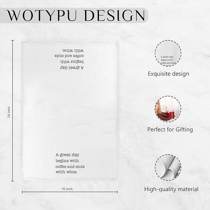 Funny Kitchen Bar Towels, Coffee Wine Lover Gifts Dish Tea Towels for Kitchen, A Great Day Begins with Coffee and Ends with Wine Decorative Hand Towel, 16x24 Inch
