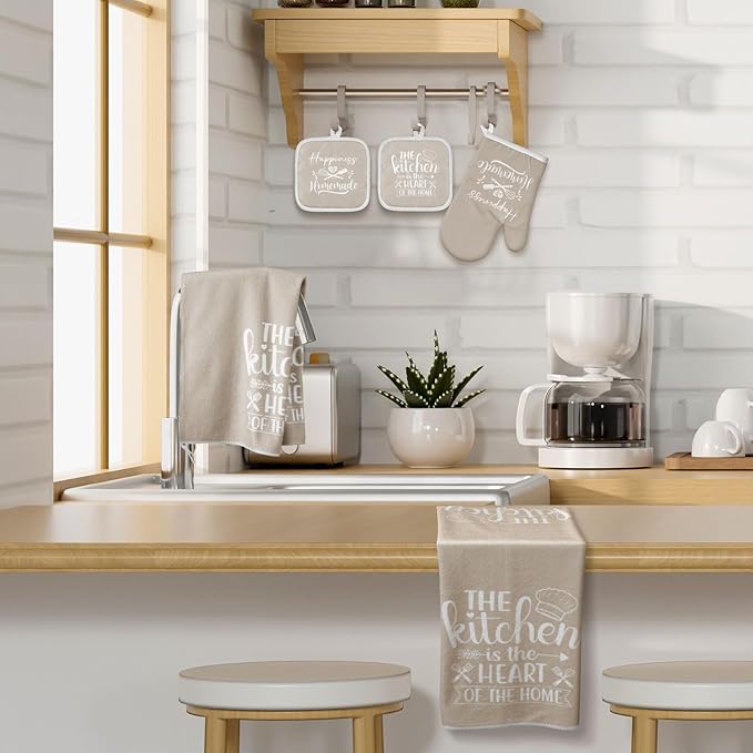 Sratte 6 Pcs Kitchen Decor Accessories Set Farmhouse Towels Pot Holders Oven Mitts Set 2 Dish Towels 2 Potholders 2 Cooking Mittens Oven Glove for Christmas Baking Cooking Supply(Beige,Kitchen) - Image 3