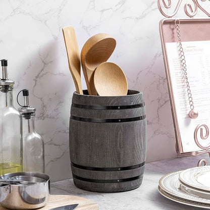 MyGift Wine Barrel Design Kitchen Utensil Crock, Vintage Gray Solid Wood Cooking Tool Holder - Image 4