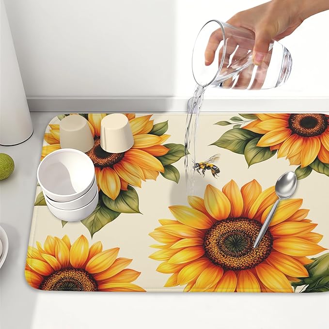Spring Summer Dish Drying Mat 18x24 Inch Absorbent Reversible Sunflower Drying Mat Sunflower Bee Dish Drying Rack Mat Yellow Summer Themed Dish Drainer Mat for Kitchen Counter Coffee Bar