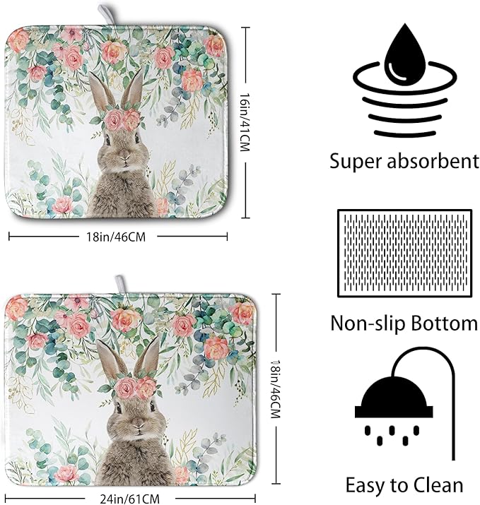 Easter Rabbit Dish Drying Mats for Kitchen Counter Easter Spring Watercolor Floral Bunny Absorbent Dish Drying Mat 18x24 Inch Absorbent Reversible Reusable Washable Dishes Drainer Mats - Image 2